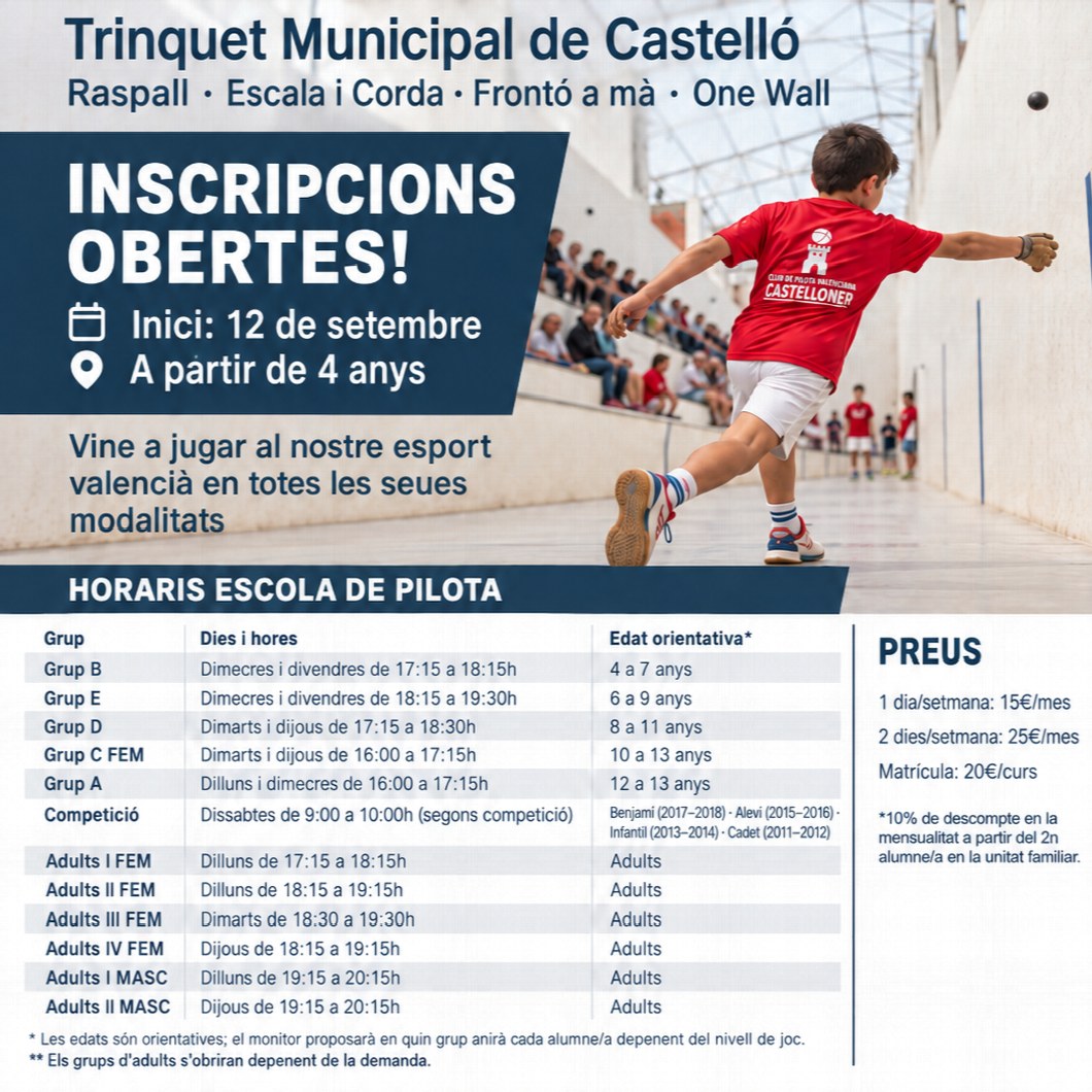 Cartell de l'Escola de Pilota Valenciana al Trinquet Municipal de Castelló