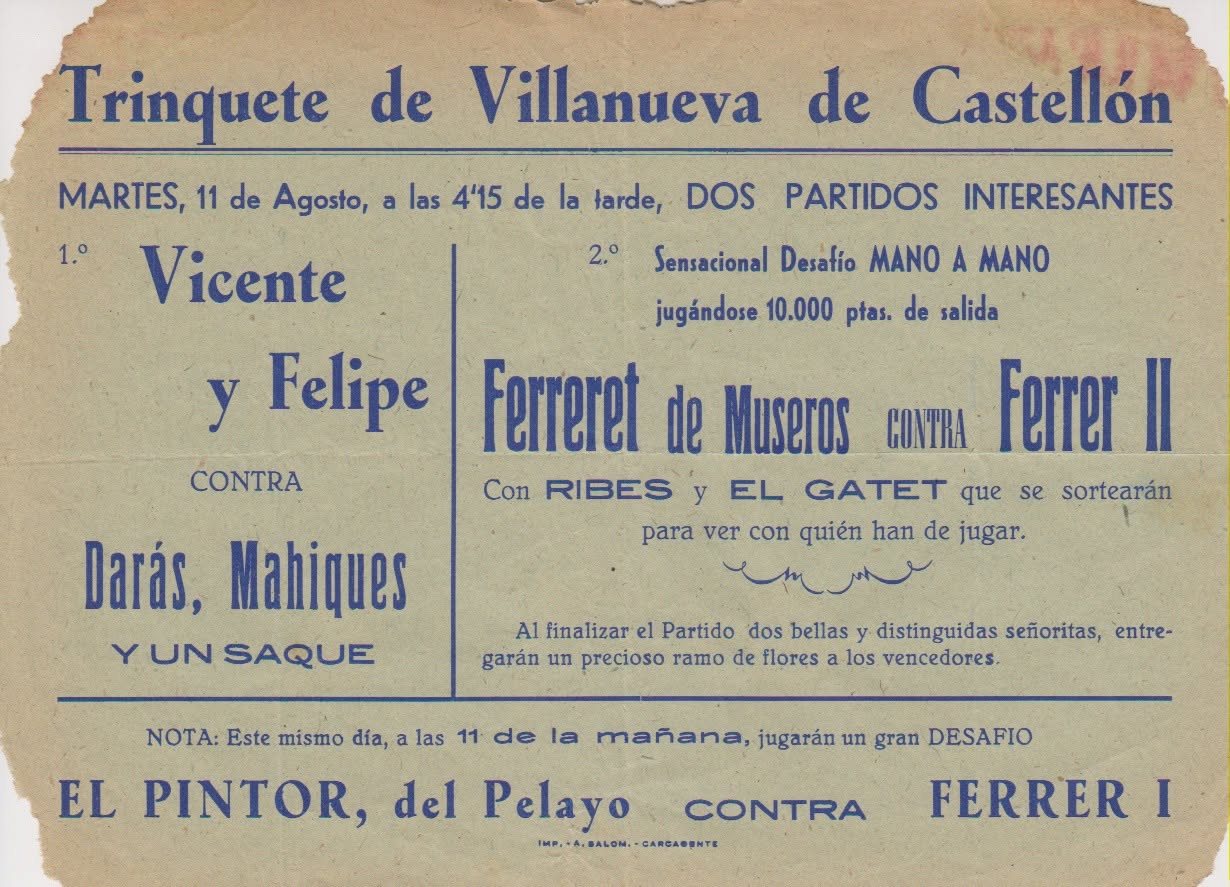 Foto antiga del trinquet: Cartell d’una jornada de partides al «Trinquete de Villanueva de Castellón». Foto: Museu de la Pilota, el Genovés